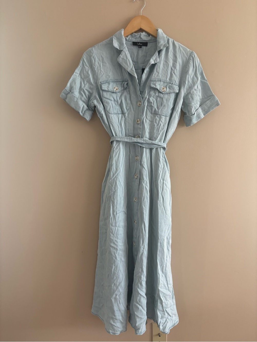 Lulus Pleasant Cutie Blue Chambray Collared Midi Dress With Pockets Size Medium - Picture 3 of 9